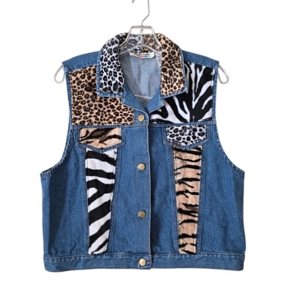 Arlando Vintage Mixed Animal Print Patchwork Denim Vest Blue Cotton Large